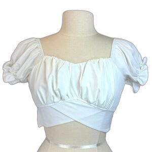 Lyaner White Crop Top Puff Sleeve Off Shoulder Cottagecore